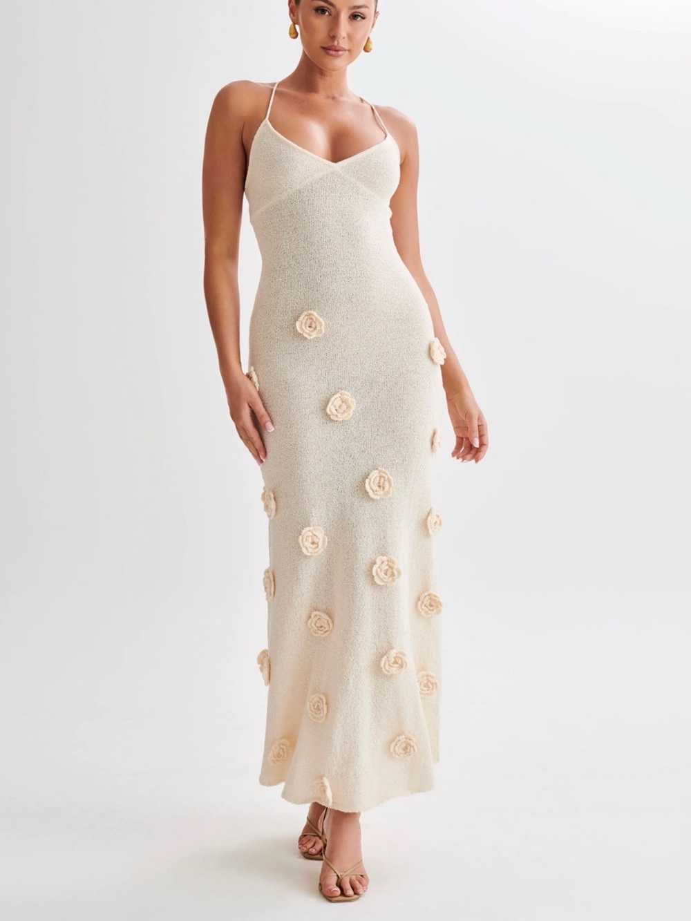 Cream Spaghetti-Strap Floral Maxi Dress